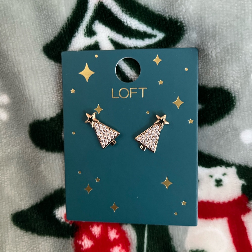 LOFT Festive Gold tone Tree Christmas Holiday Earrings